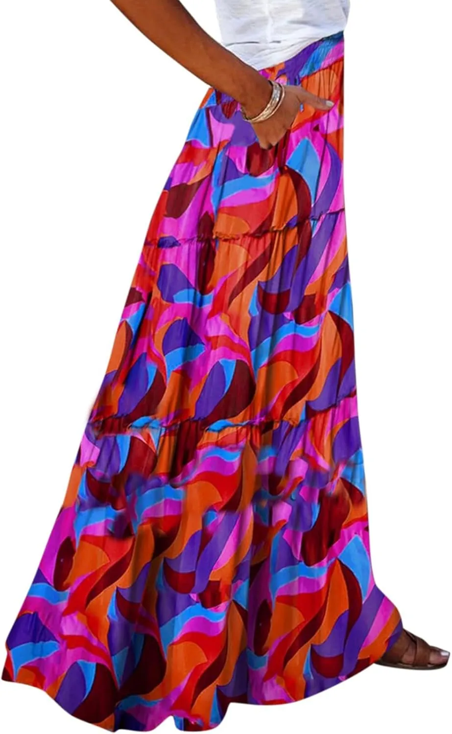 High Waisted Maxi Skirts for Women Summer Elastic A Line Skirts Vacation Layered Tiered Long Skirt with Pockets