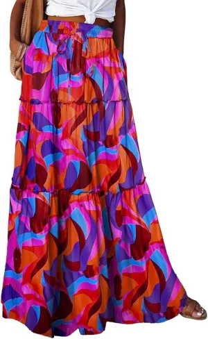 High Waisted Maxi Skirts for Women Summer Elastic A Line Skirts Vacation Layered Tiered Long Skirt with Pockets