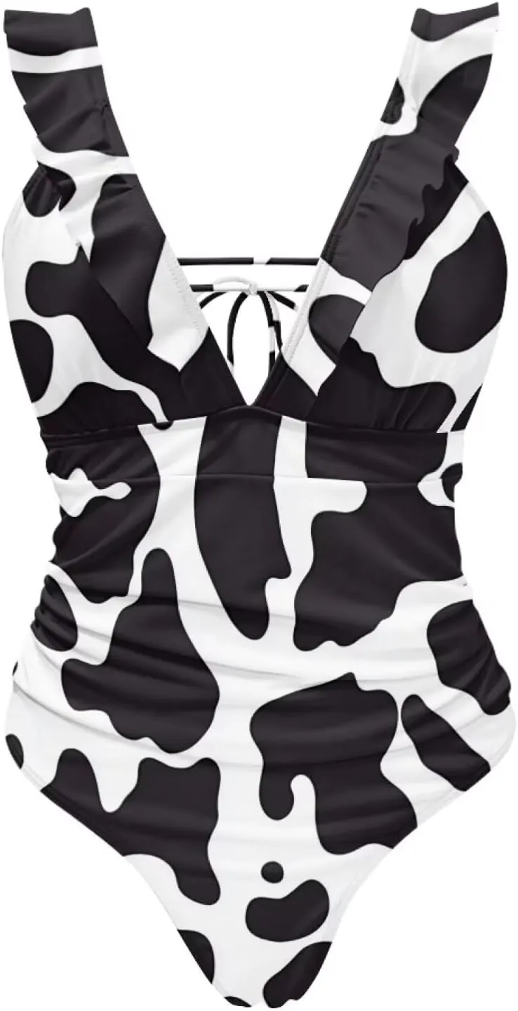 Howilath Animals Print Womens One Piece Swimsuits Halter Ruched Bathing Suit Tummy Control Casual Ladies Swimwear