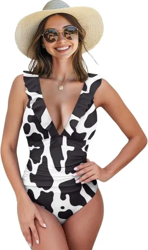 Howilath Animals Print Womens One Piece Swimsuits Halter Ruched Bathing Suit Tummy Control Casual Ladies Swimwear