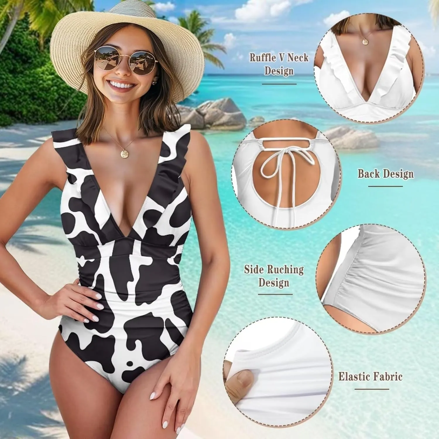Howilath Animals Print Womens One Piece Swimsuits Halter Ruched Bathing Suit Tummy Control Casual Ladies Swimwear