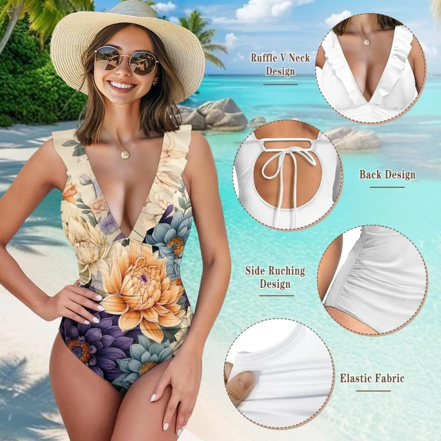 Howilath Floral Print One Piece Bikini for Women Ruched Ruffle Swimsuits Tummy Control Swimwear with Adjustable Strap