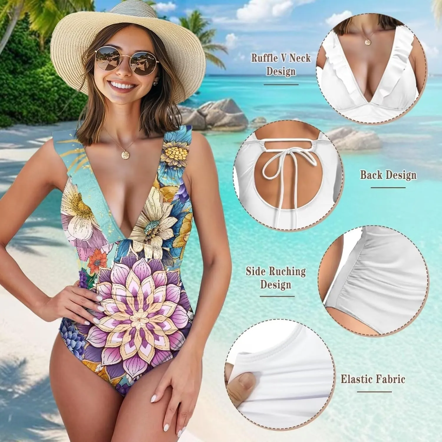 Howilath Floral Print One Piece Bikini for Women Ruched Ruffle Swimsuits Tummy Control Swimwear with Adjustable Strap