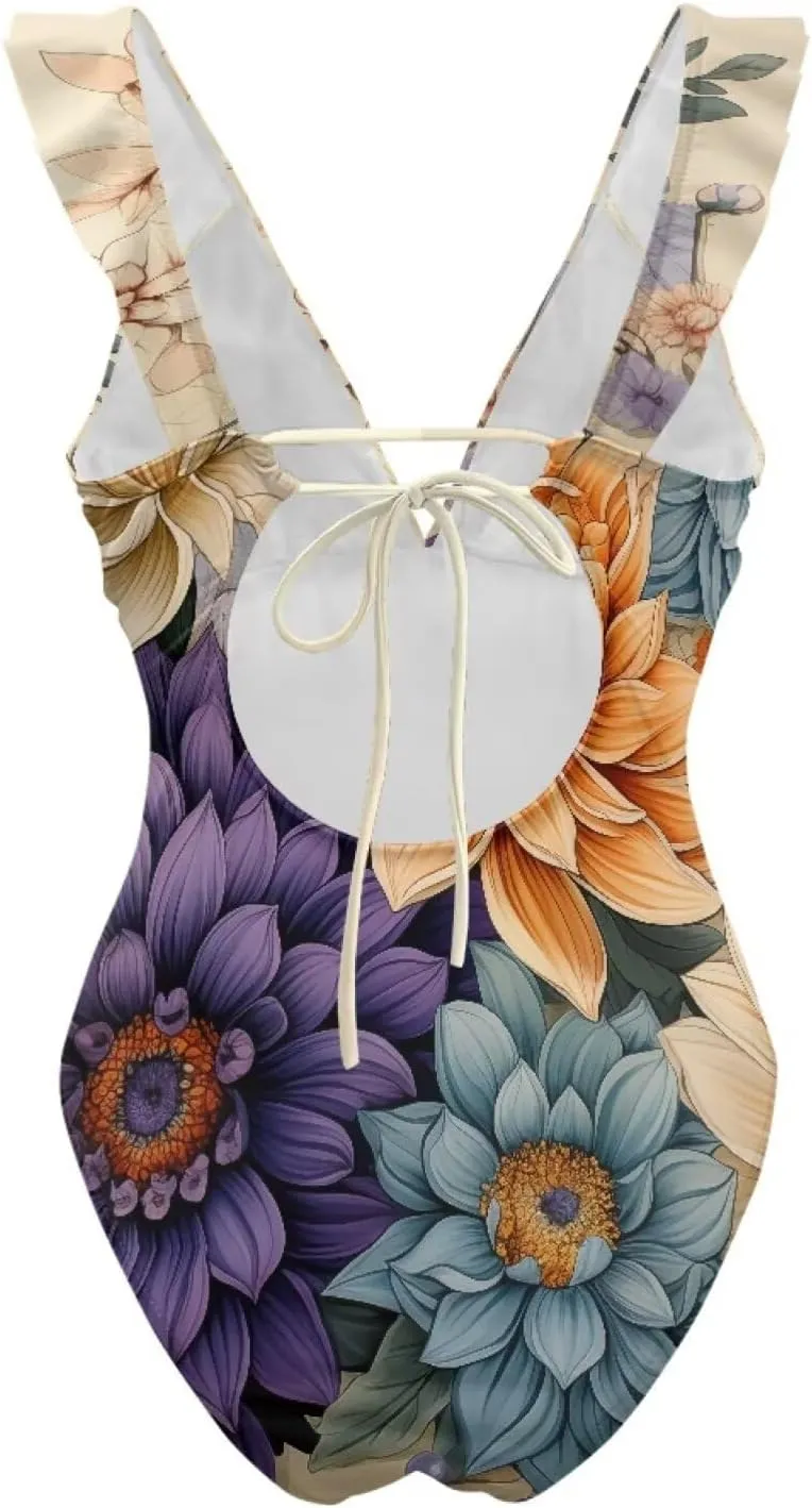 Howilath Floral Print One Piece Bikini for Women Ruched Ruffle Swimsuits Tummy Control Swimwear with Adjustable Strap