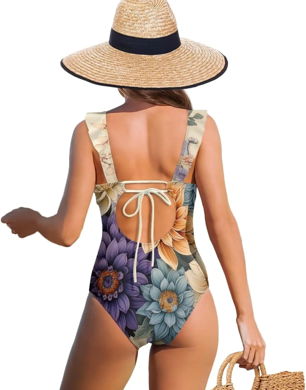 Howilath Floral Print One Piece Bikini for Women Ruched Ruffle Swimsuits Tummy Control Swimwear with Adjustable Strap
