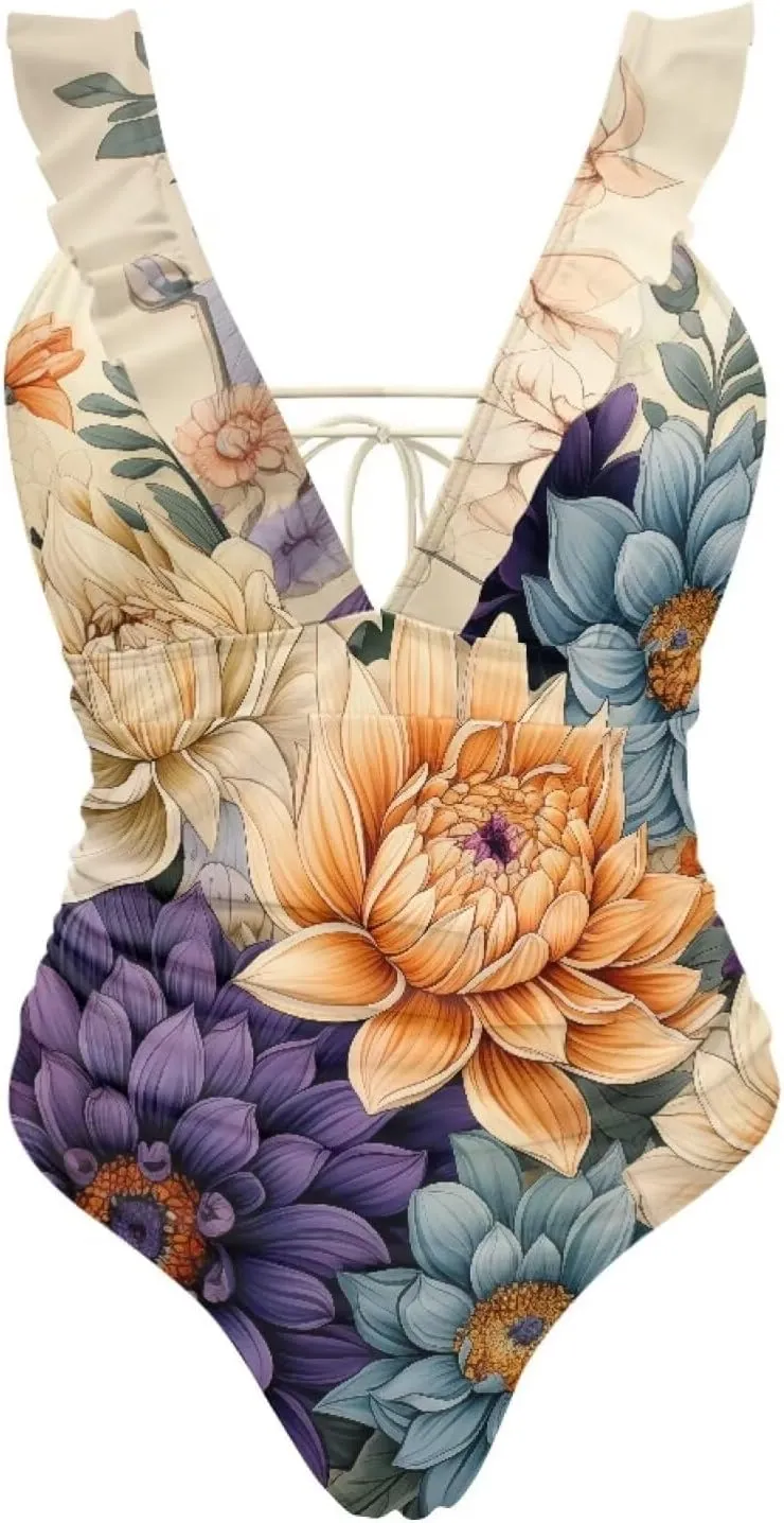 Howilath Floral Print One Piece Bikini for Women Ruched Ruffle Swimsuits Tummy Control Swimwear with Adjustable Strap