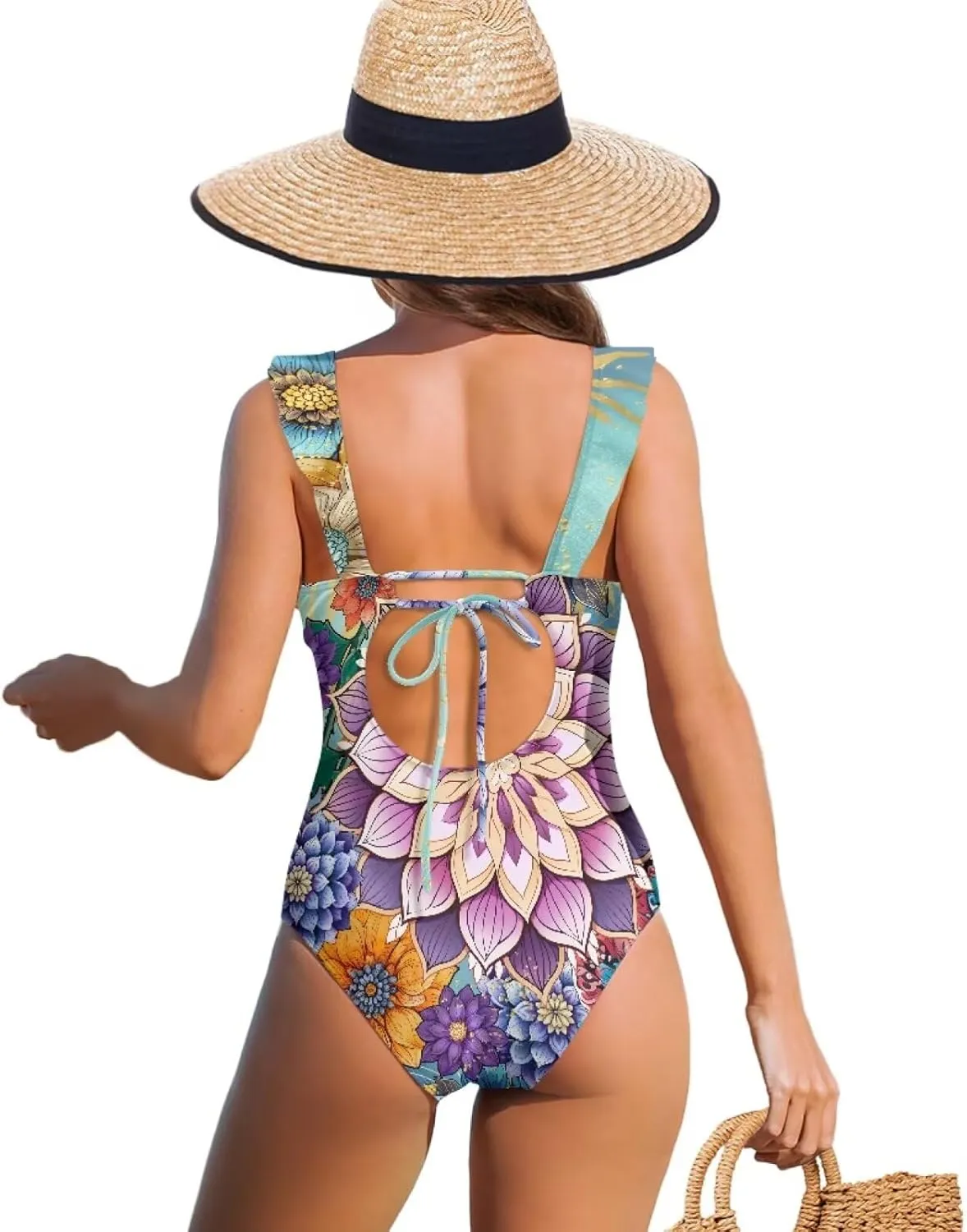 Howilath Floral Print One Piece Bikini for Women Ruched Ruffle Swimsuits Tummy Control Swimwear with Adjustable Strap