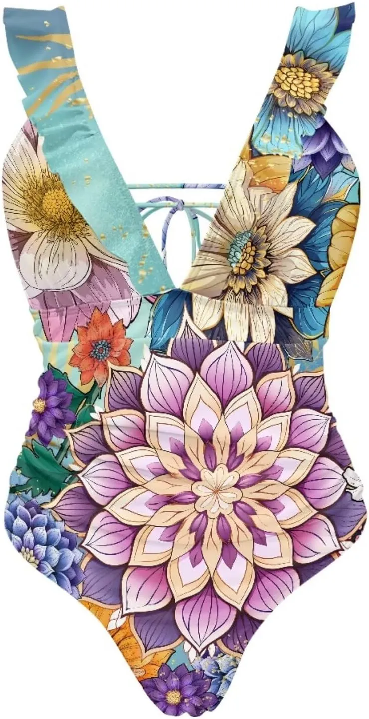 Howilath Floral Print One Piece Bikini for Women Ruched Ruffle Swimsuits Tummy Control Swimwear with Adjustable Strap