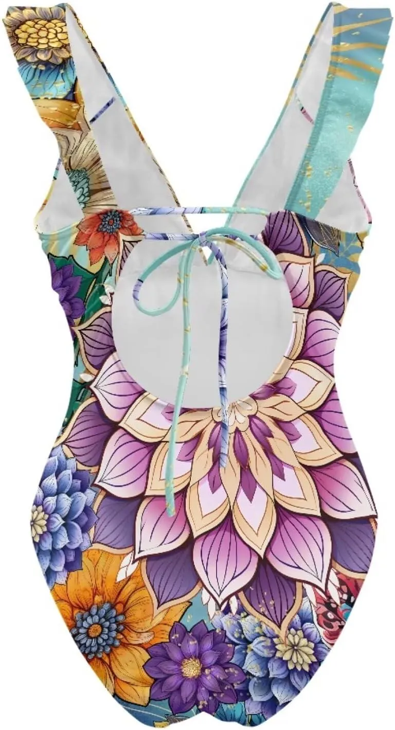 Howilath Floral Print One Piece Bikini for Women Ruched Ruffle Swimsuits Tummy Control Swimwear with Adjustable Strap