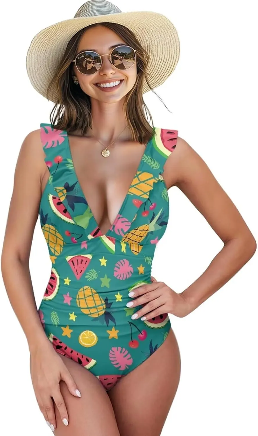 Howilath Fruit Print One Piece Swimsuits for Women Ruched Ruffle Bathing Suit Tummy Control Bikini for Pool Party