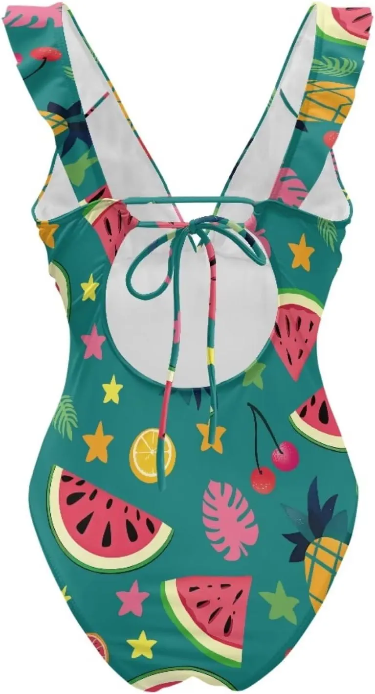 Howilath Fruit Print One Piece Swimsuits for Women Ruched Ruffle Bathing Suit Tummy Control Bikini for Pool Party