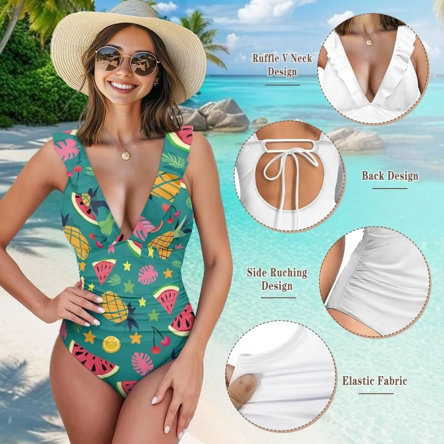 Howilath Fruit Print One Piece Swimsuits for Women Ruched Ruffle Bathing Suit Tummy Control Bikini for Pool Party