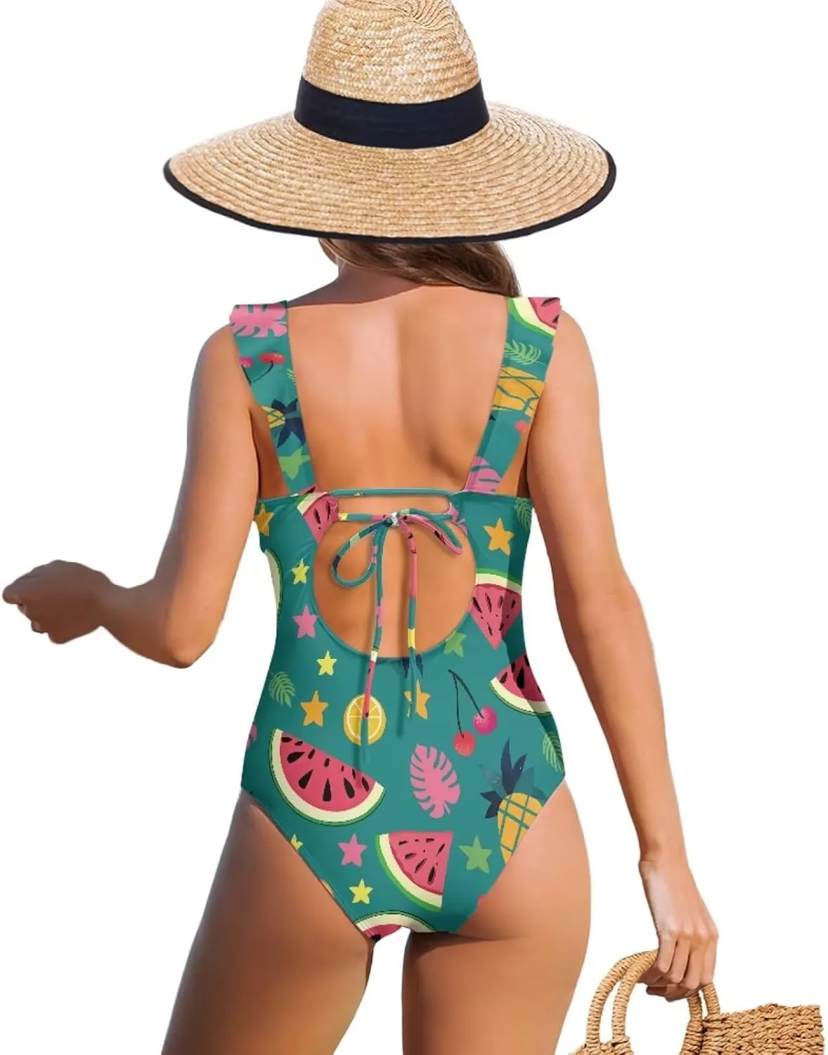 Howilath Fruit Print One Piece Swimsuits for Women Ruched Ruffle Bathing Suit Tummy Control Bikini for Pool Party