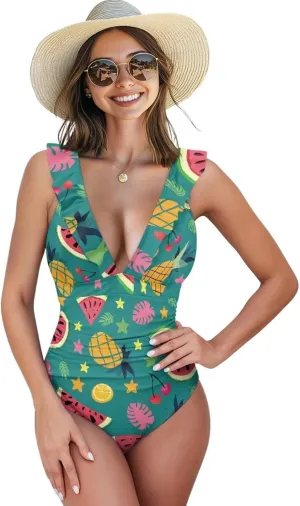 Howilath Fruit Print One Piece Swimsuits for Women Ruched Ruffle Bathing Suit Tummy Control Bikini for Pool Party