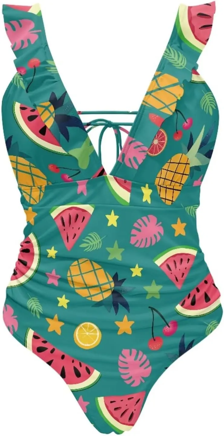 Howilath Fruit Print One Piece Swimsuits for Women Ruched Ruffle Bathing Suit Tummy Control Bikini for Pool Party
