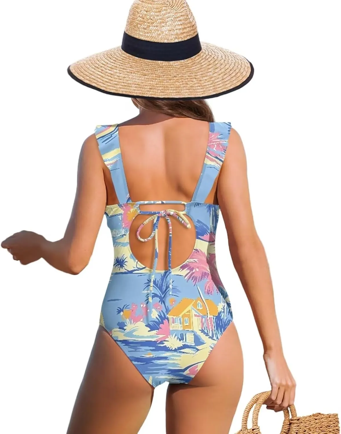 Howilath Hawaiian Palm Tree Womens One Piece Swimsuits Ruched Ruffle Bathing Suits V-Neck Backless Swimwear Bikini Sets