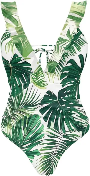 Howilath Hawaiian Palm Tree Womens One Piece Swimsuits Ruched Ruffle Bathing Suits V-Neck Backless Swimwear Bikini Sets