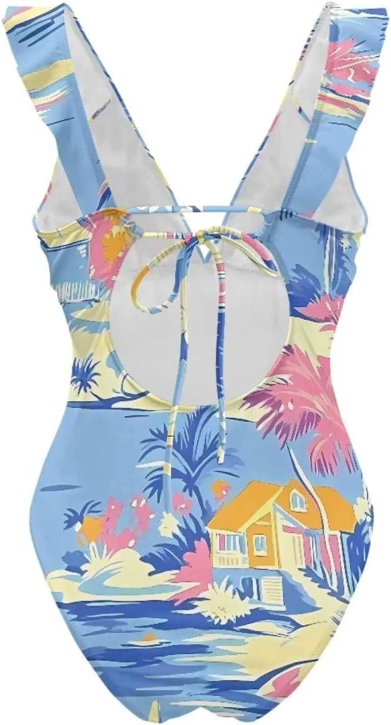 Howilath Hawaiian Palm Tree Womens One Piece Swimsuits Ruched Ruffle Bathing Suits V-Neck Backless Swimwear Bikini Sets