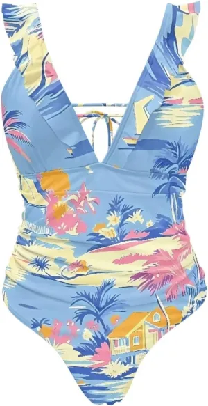 Howilath Hawaiian Palm Tree Womens One Piece Swimsuits Ruched Ruffle Bathing Suits V-Neck Backless Swimwear Bikini Sets