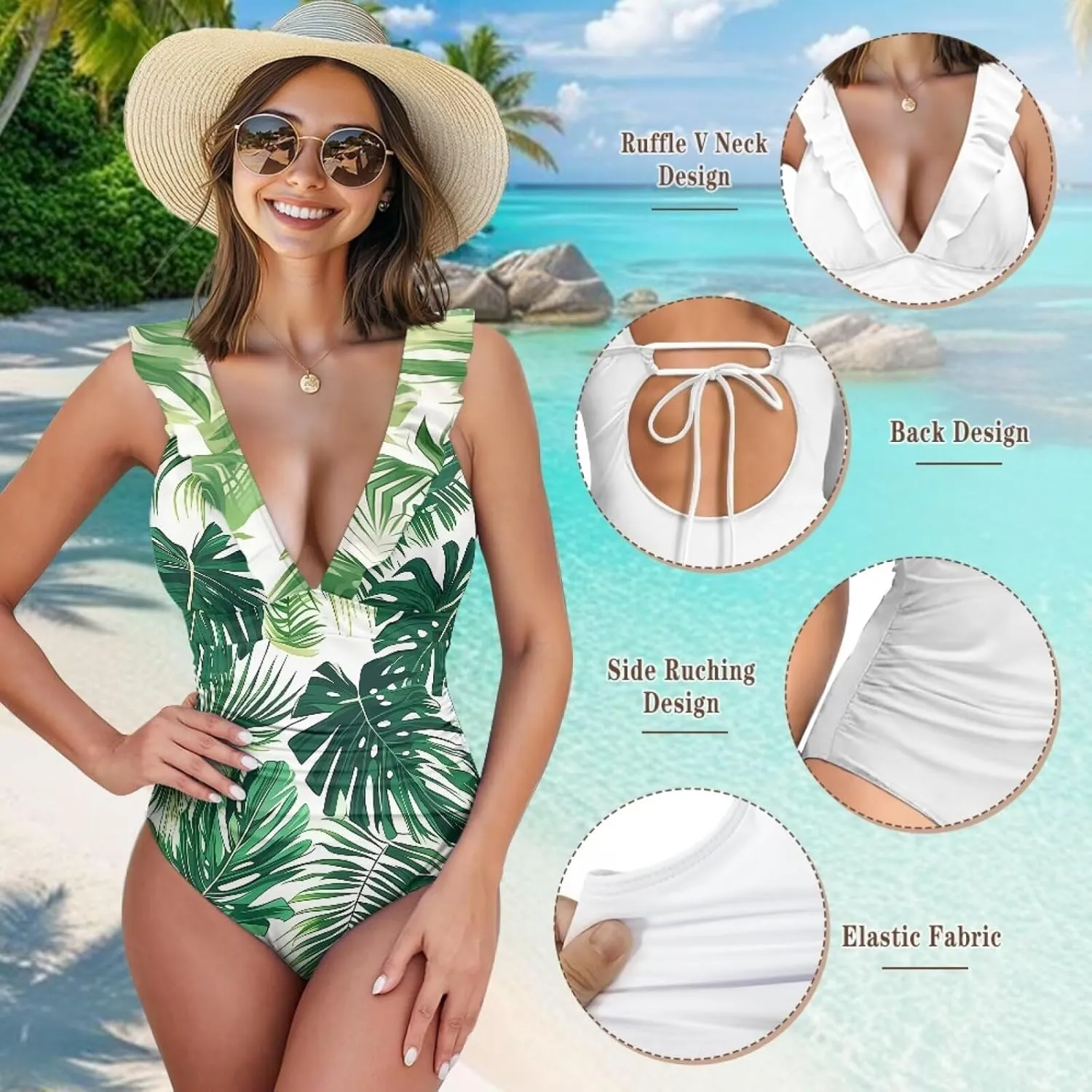 Howilath Hawaiian Palm Tree Womens One Piece Swimsuits Ruched Ruffle Bathing Suits V-Neck Backless Swimwear Bikini Sets