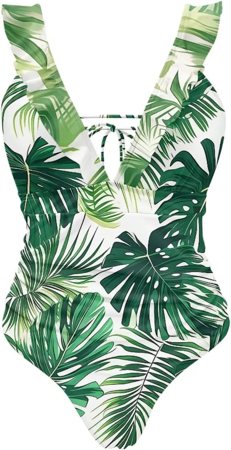Howilath Hawaiian Palm Tree Womens One Piece Swimsuits Ruched Ruffle Bathing Suits V-Neck Backless Swimwear Bikini Sets
