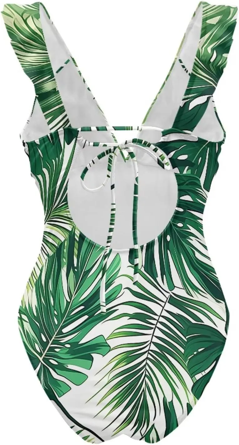 Howilath Hawaiian Palm Tree Womens One Piece Swimsuits Ruched Ruffle Bathing Suits V-Neck Backless Swimwear Bikini Sets