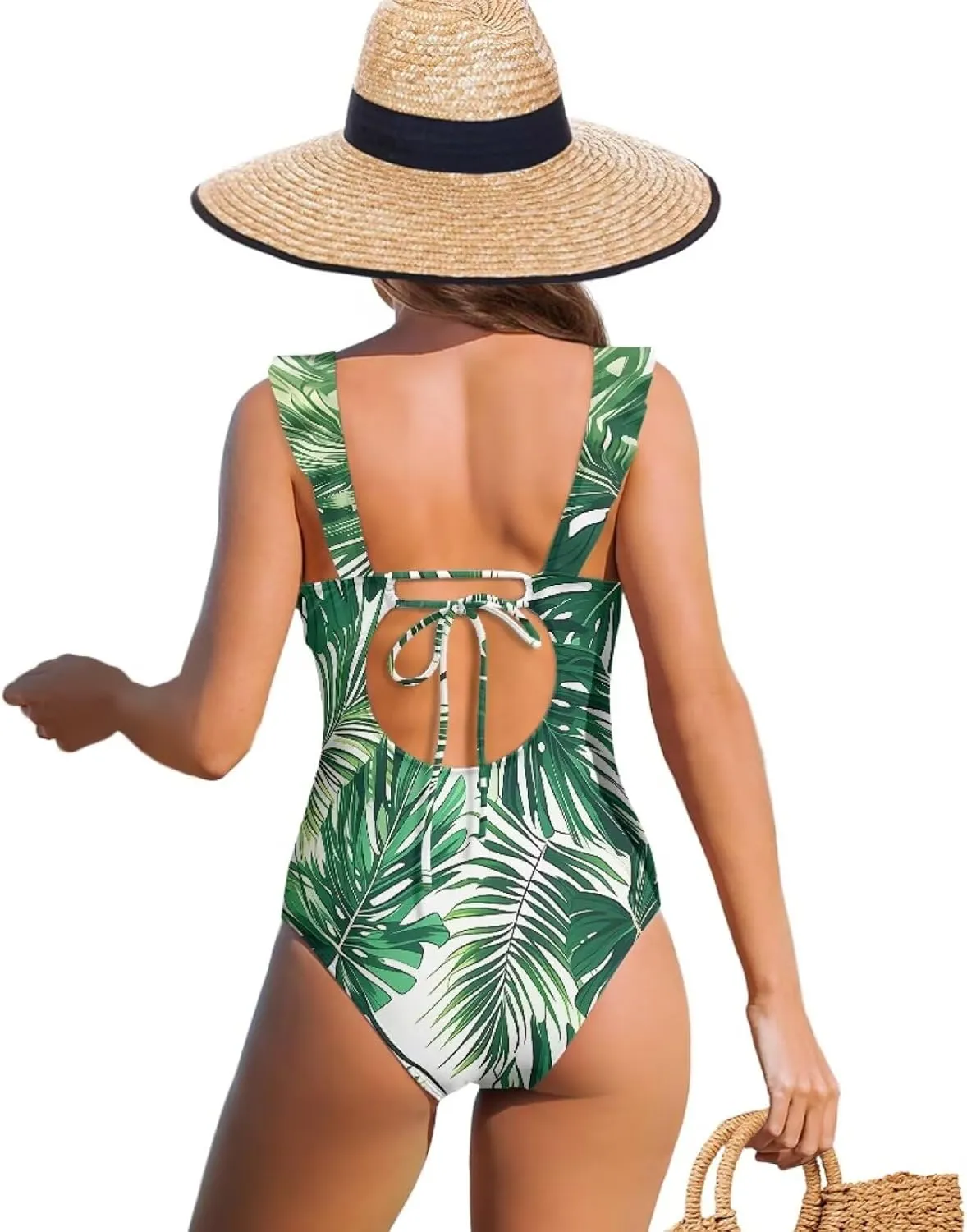 Howilath Hawaiian Palm Tree Womens One Piece Swimsuits Ruched Ruffle Bathing Suits V-Neck Backless Swimwear Bikini Sets
