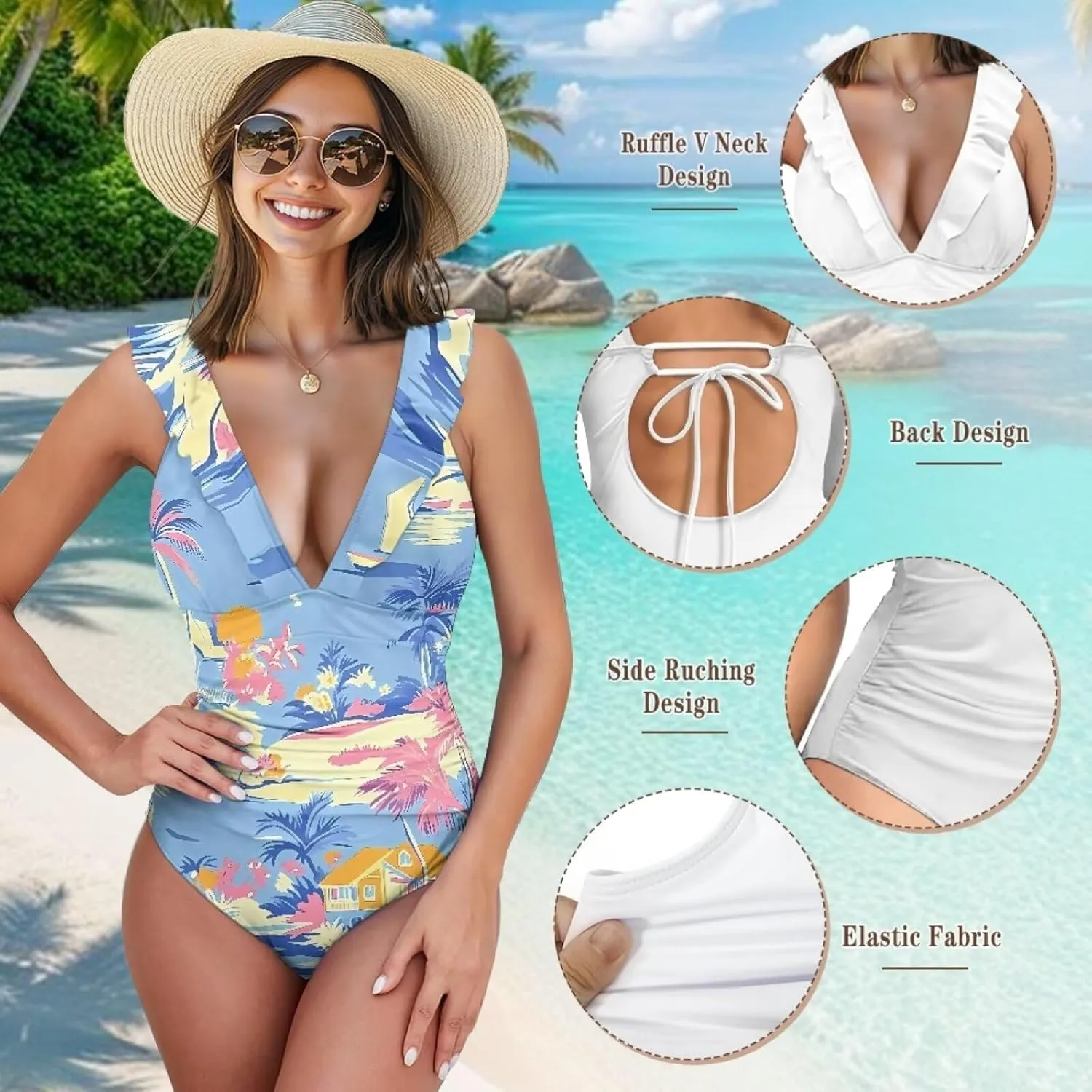 Howilath Hawaiian Palm Tree Womens One Piece Swimsuits Ruched Ruffle Bathing Suits V-Neck Backless Swimwear Bikini Sets