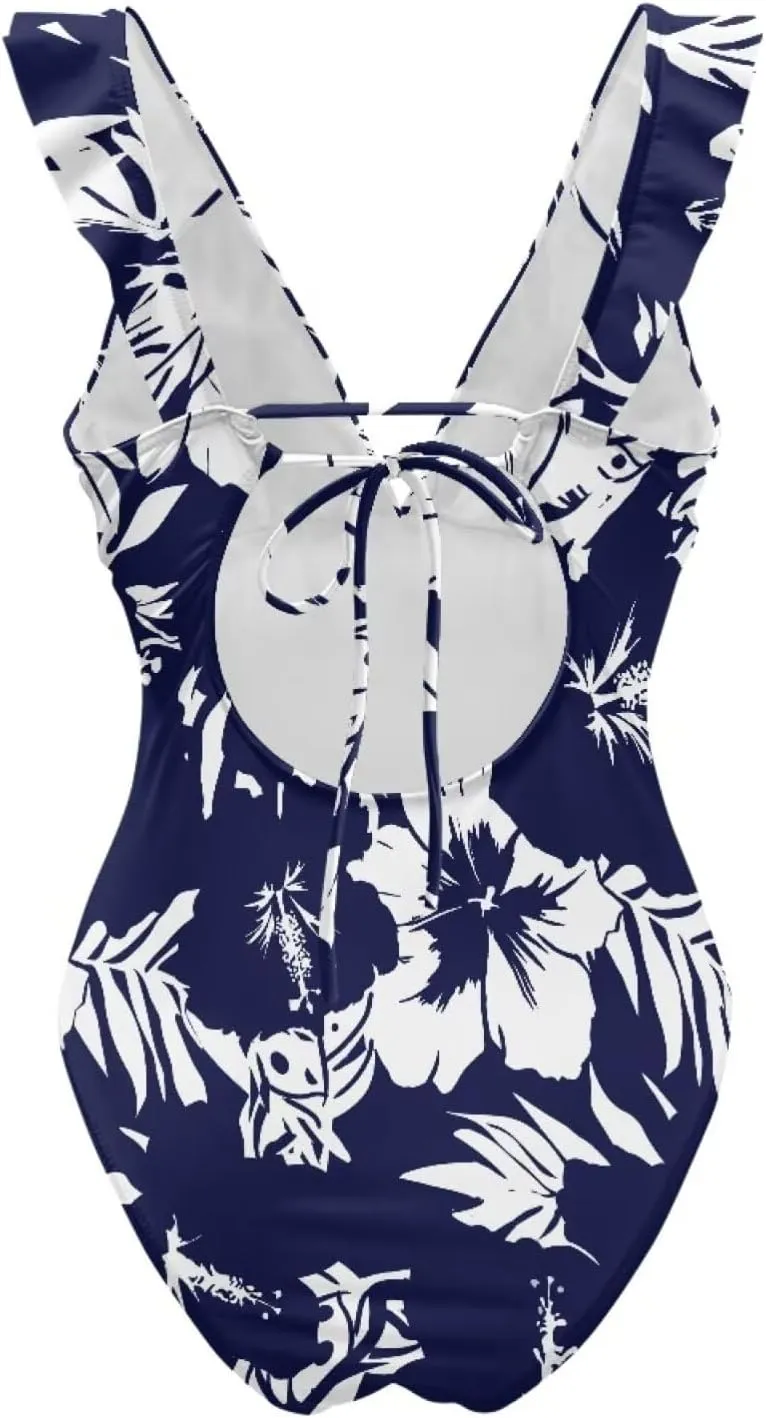 Howilath Hawaiian Style Women Bathing Suits One Piece Swimsuits Tummy Control Swimwear Ruched Ruffle Swimsuits for Beach