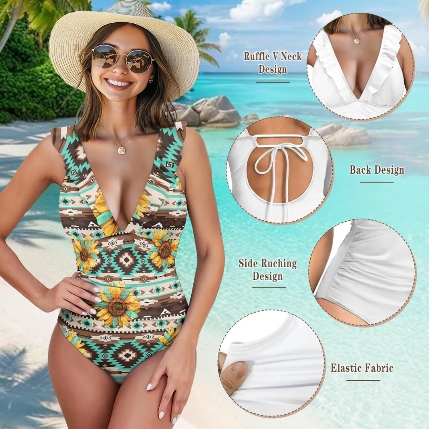 Howilath Hawaiian Style Women Bathing Suits One Piece Swimsuits Tummy Control Swimwear Ruched Ruffle Swimsuits for Beach