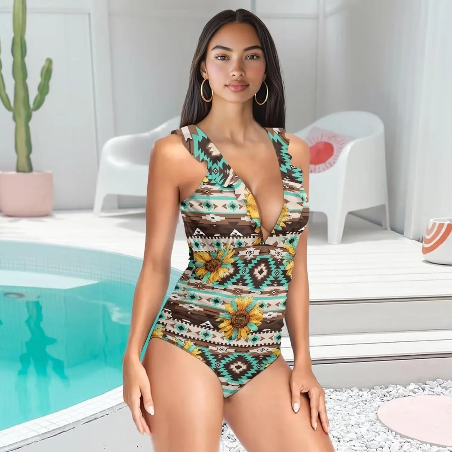 Howilath Hawaiian Style Women Bathing Suits One Piece Swimsuits Tummy Control Swimwear Ruched Ruffle Swimsuits for Beach