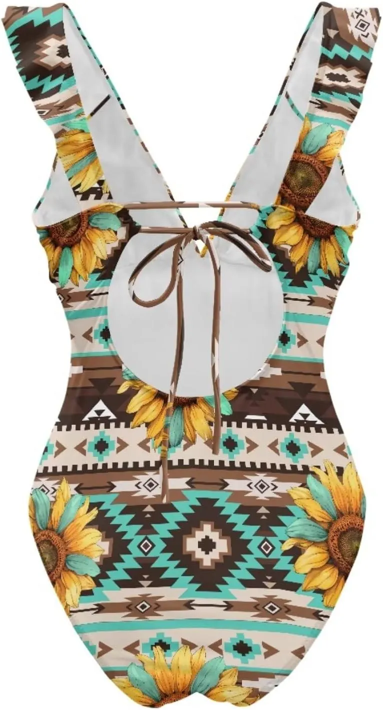 Howilath Hawaiian Style Women Bathing Suits One Piece Swimsuits Tummy Control Swimwear Ruched Ruffle Swimsuits for Beach