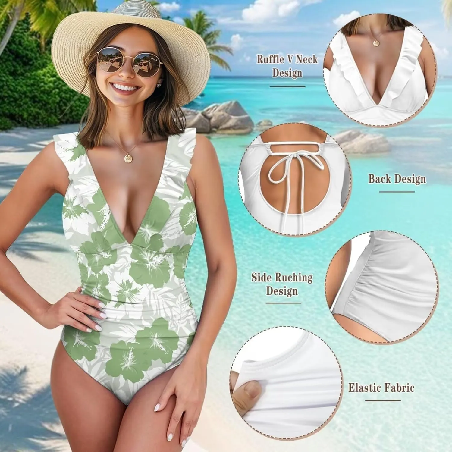 Howilath Hawaiian Style Women Bathing Suits One Piece Swimsuits Tummy Control Swimwear Ruched Ruffle Swimsuits for Beach