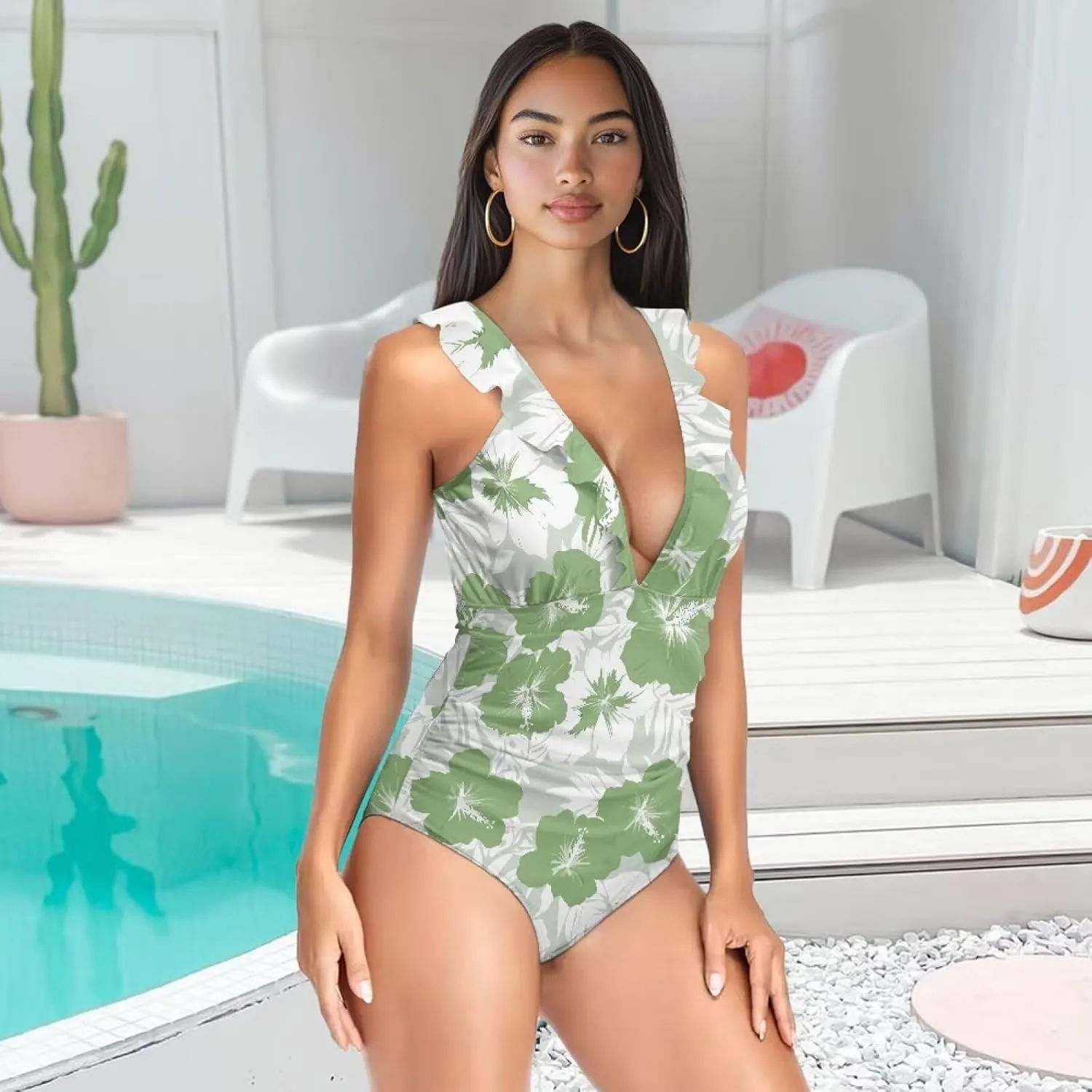 Howilath Hawaiian Style Women Bathing Suits One Piece Swimsuits Tummy Control Swimwear Ruched Ruffle Swimsuits for Beach
