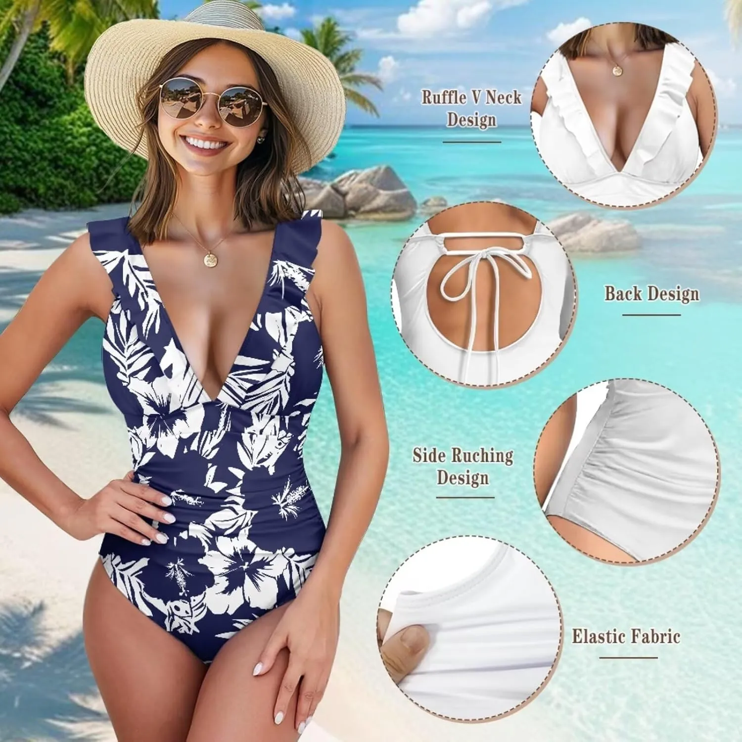 Howilath Hawaiian Style Women Bathing Suits One Piece Swimsuits Tummy Control Swimwear Ruched Ruffle Swimsuits for Beach