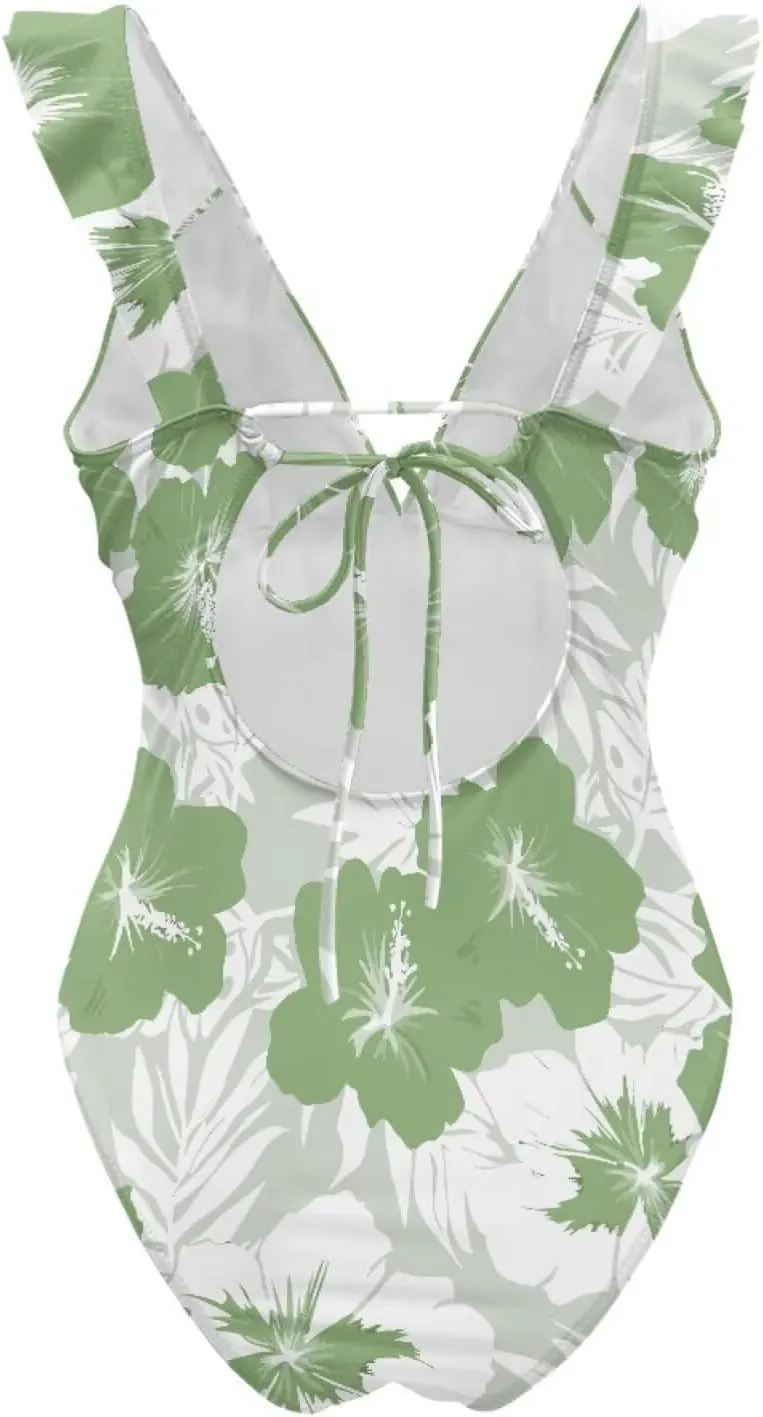 Howilath Hawaiian Style Women Bathing Suits One Piece Swimsuits Tummy Control Swimwear Ruched Ruffle Swimsuits for Beach