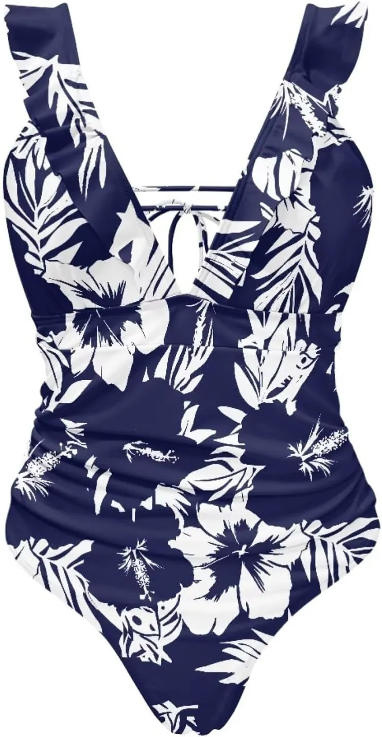 Howilath Hawaiian Style Women Bathing Suits One Piece Swimsuits Tummy Control Swimwear Ruched Ruffle Swimsuits for Beach