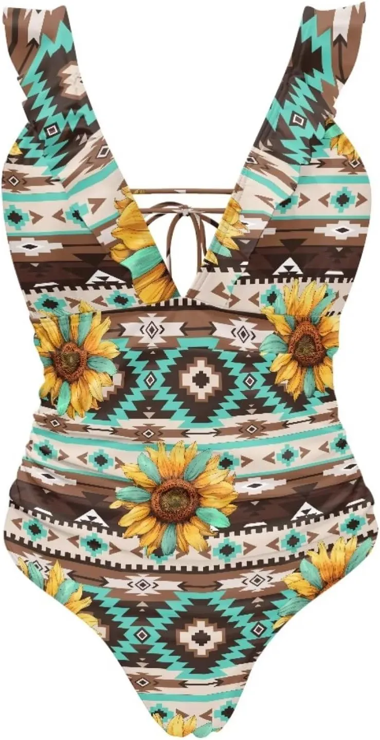 Howilath Hawaiian Style Women Bathing Suits One Piece Swimsuits Tummy Control Swimwear Ruched Ruffle Swimsuits for Beach