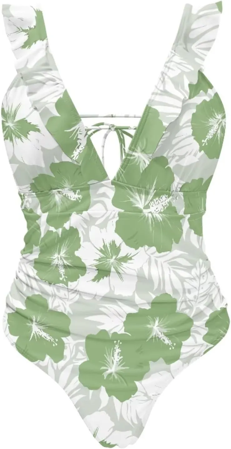 Howilath Hawaiian Style Women Bathing Suits One Piece Swimsuits Tummy Control Swimwear Ruched Ruffle Swimsuits for Beach