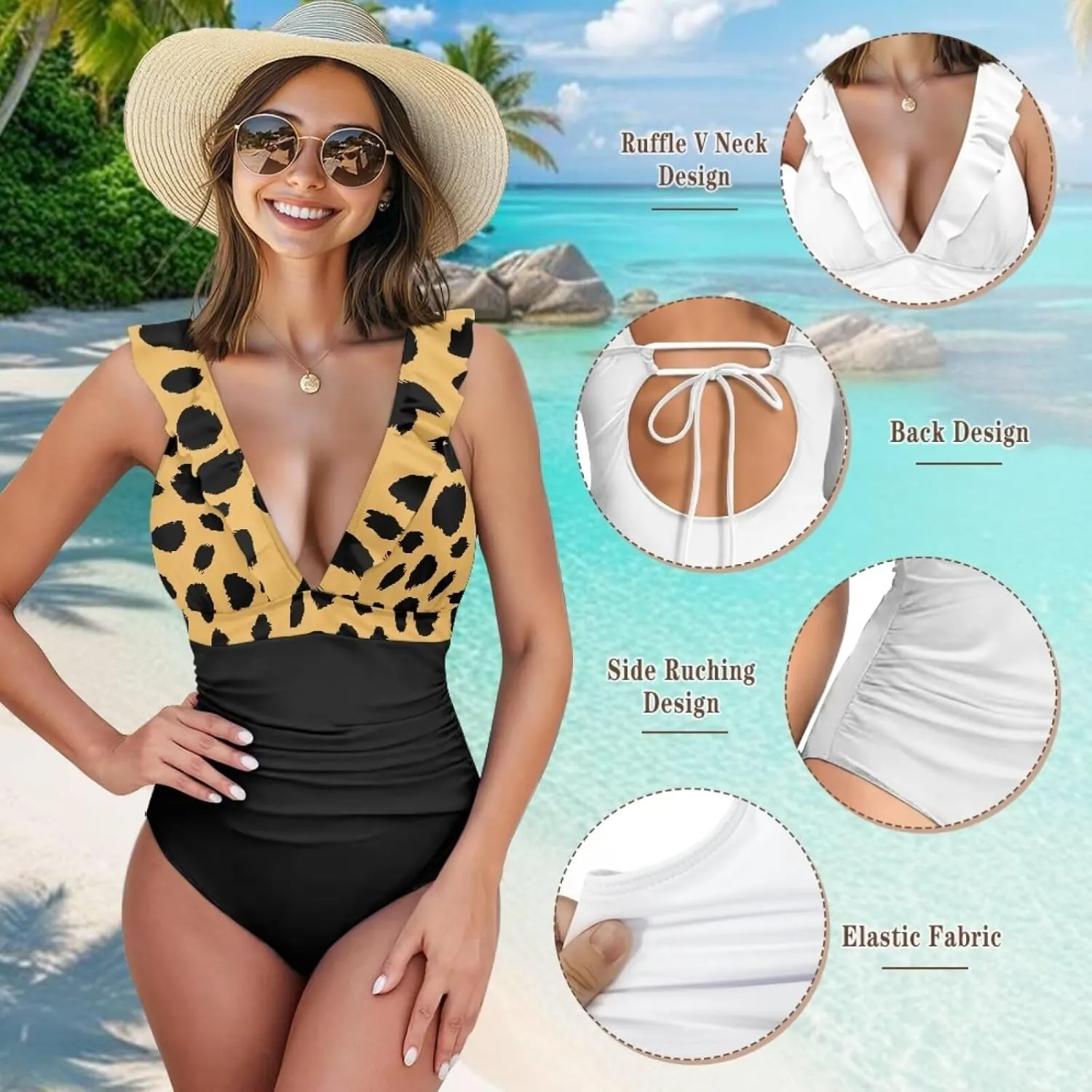 Howilath Leopard Print Women Swimsuits Tummy Control Swimming Suits One Piece Bathing Suits Vintage Lightweight Swimwear