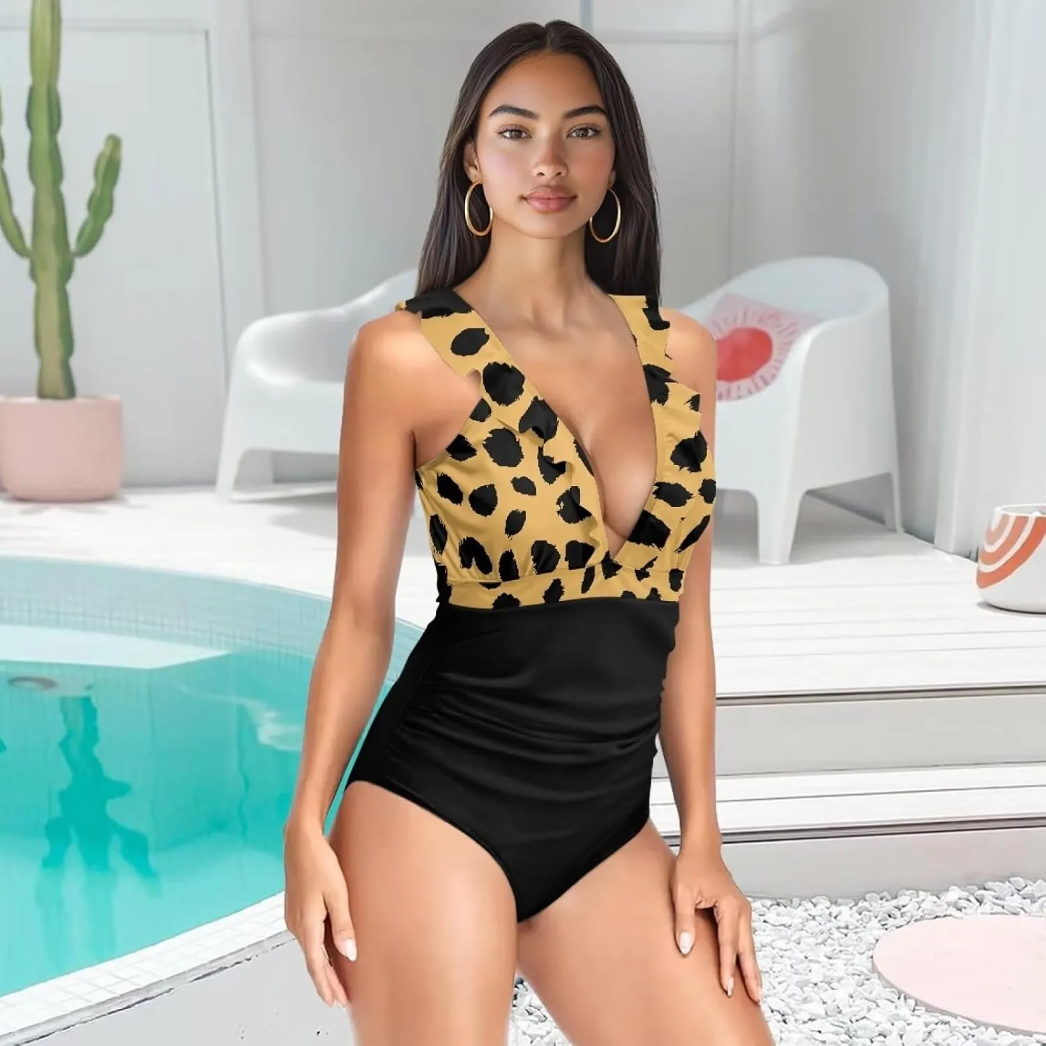 Howilath Leopard Print Women Swimsuits Tummy Control Swimming Suits One Piece Bathing Suits Vintage Lightweight Swimwear