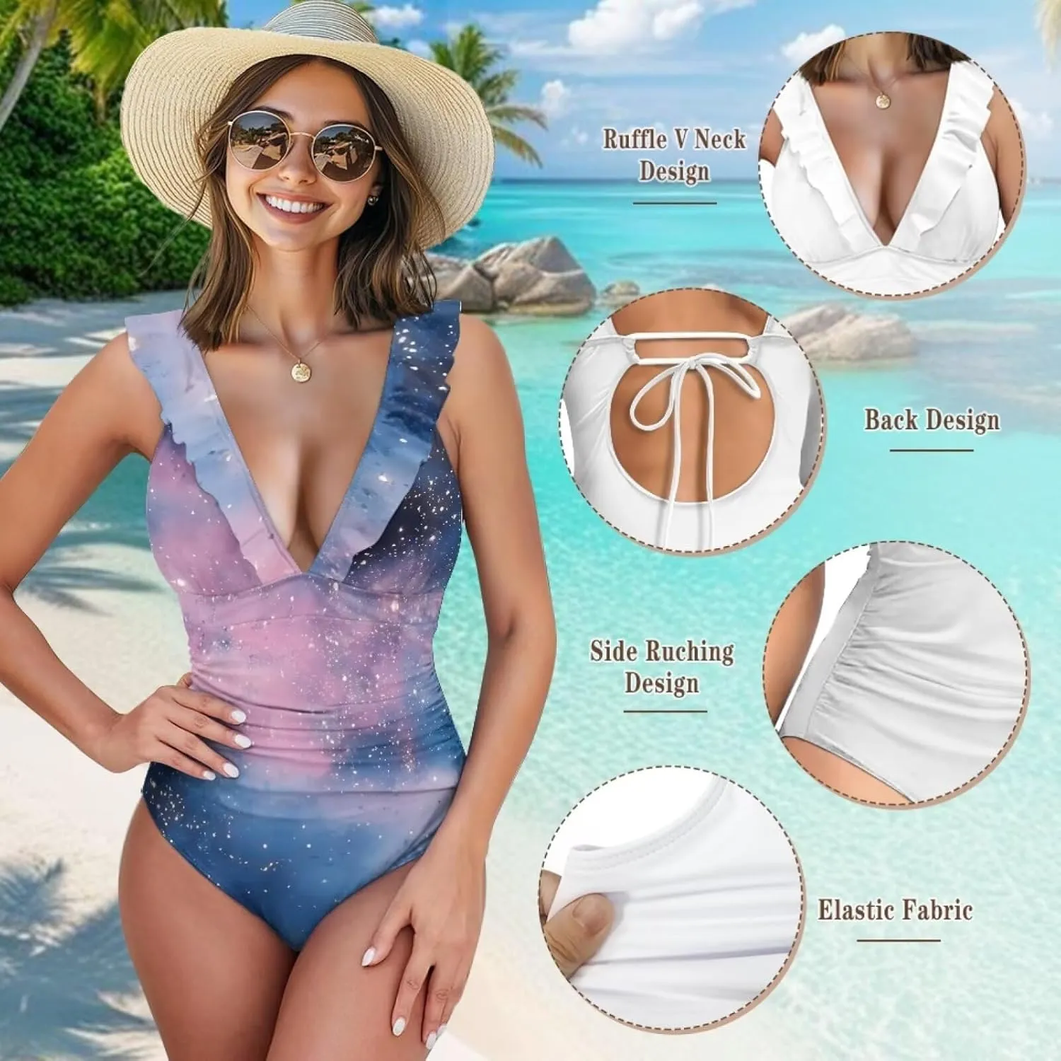 Howilath Starry Sky Print One Piece Swimwear Vintage Bathing Suits Tummy Control Ruched Ruffle Ladies Swimsuits