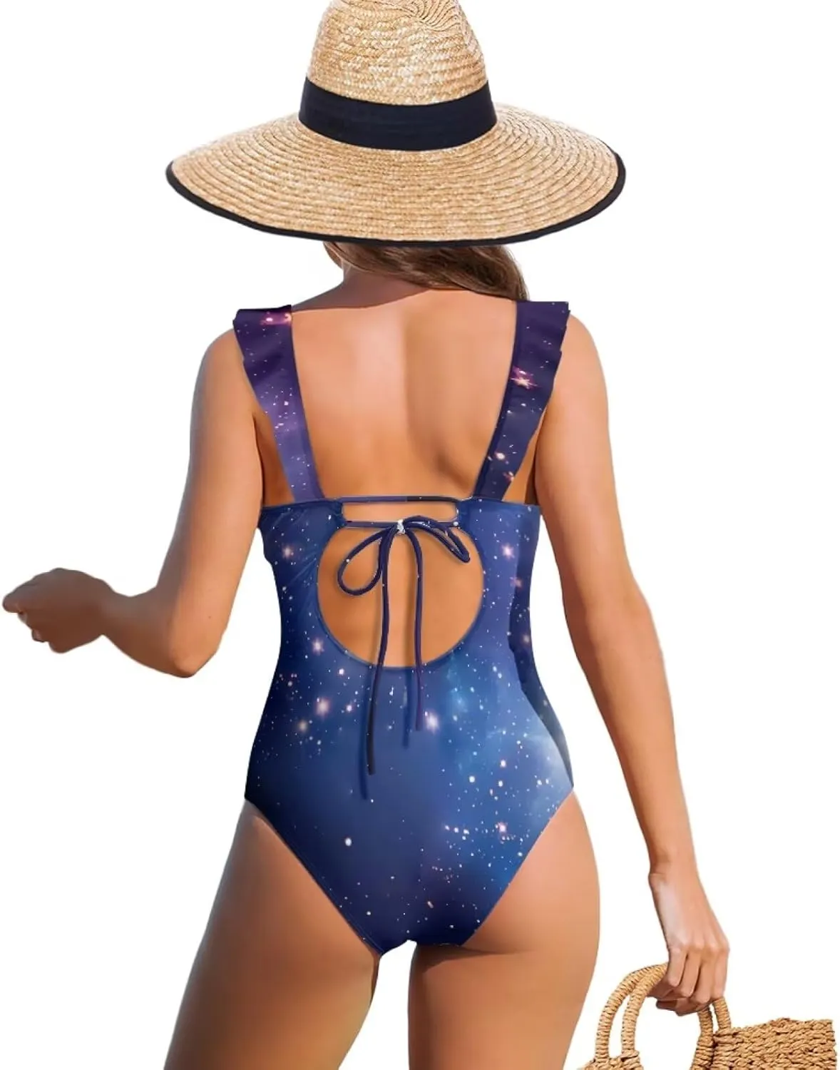 Howilath Starry Sky Print One Piece Swimwear Vintage Bathing Suits Tummy Control Ruched Ruffle Ladies Swimsuits