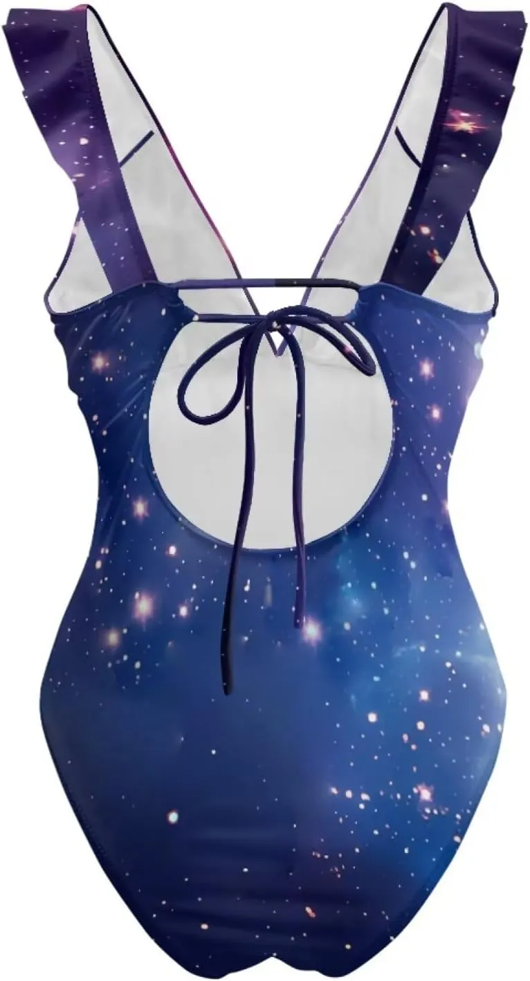Howilath Starry Sky Print One Piece Swimwear Vintage Bathing Suits Tummy Control Ruched Ruffle Ladies Swimsuits