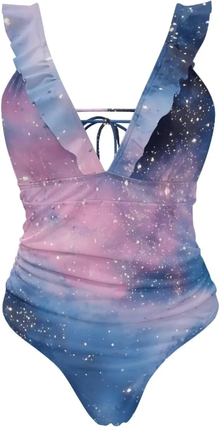Howilath Starry Sky Print One Piece Swimwear Vintage Bathing Suits Tummy Control Ruched Ruffle Ladies Swimsuits
