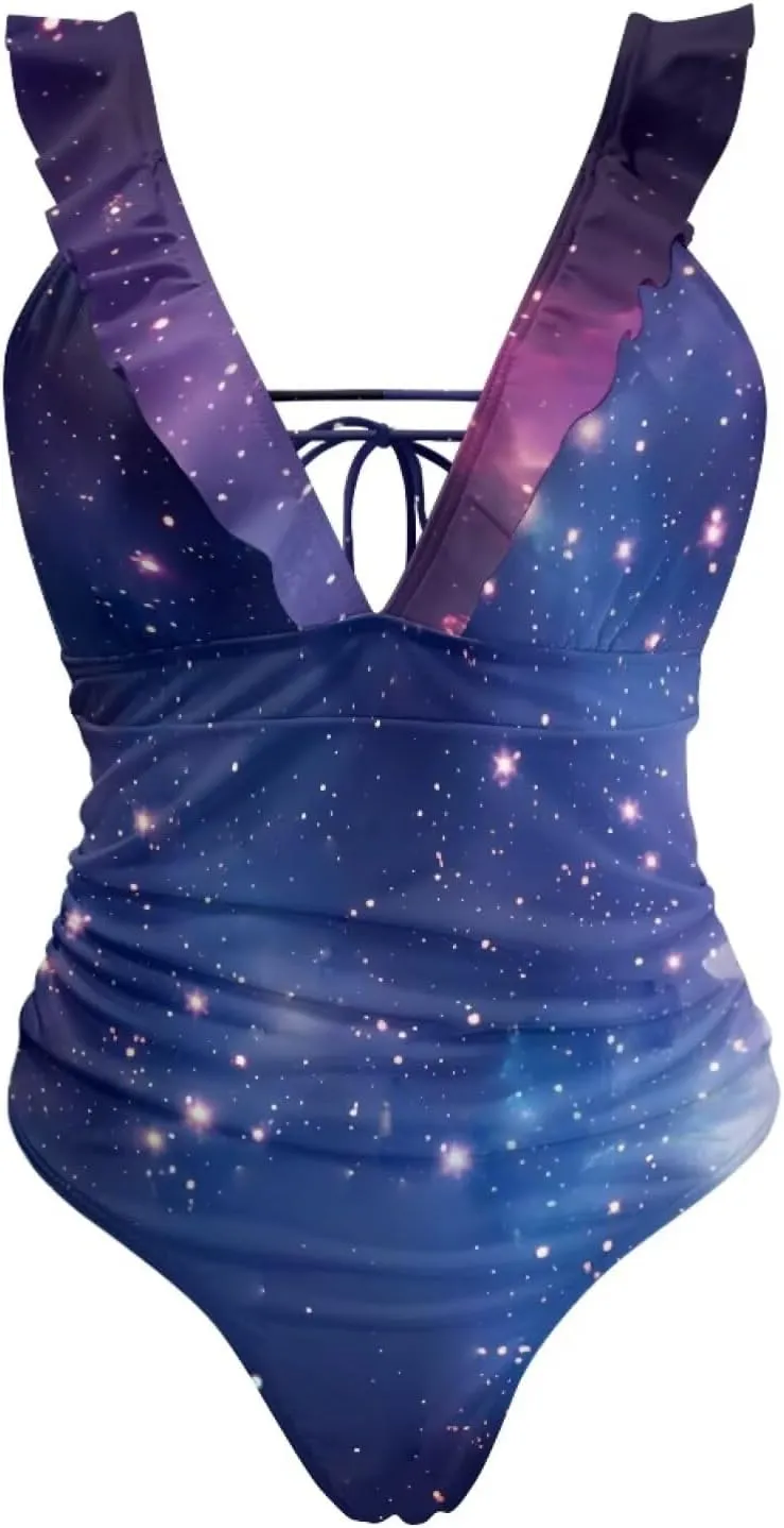 Howilath Starry Sky Print One Piece Swimwear Vintage Bathing Suits Tummy Control Ruched Ruffle Ladies Swimsuits