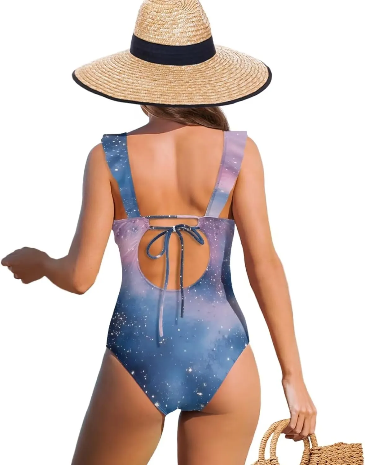 Howilath Starry Sky Print One Piece Swimwear Vintage Bathing Suits Tummy Control Ruched Ruffle Ladies Swimsuits