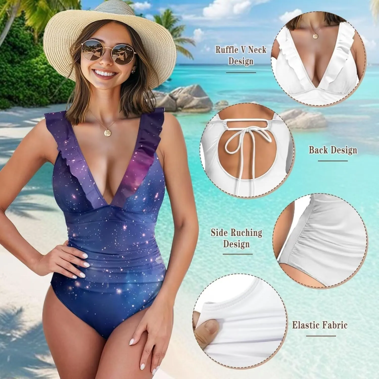 Howilath Starry Sky Print One Piece Swimwear Vintage Bathing Suits Tummy Control Ruched Ruffle Ladies Swimsuits