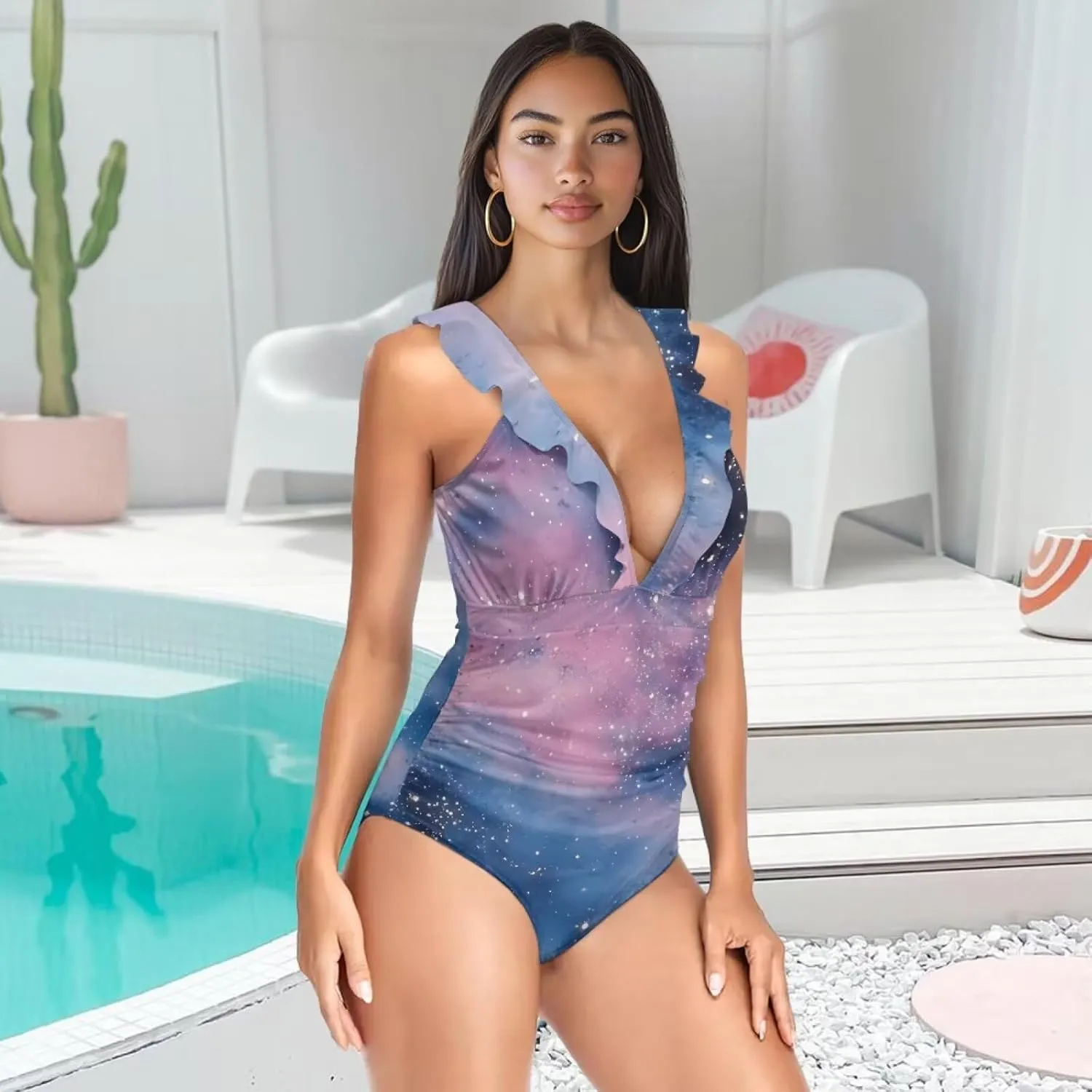 Howilath Starry Sky Print One Piece Swimwear Vintage Bathing Suits Tummy Control Ruched Ruffle Ladies Swimsuits