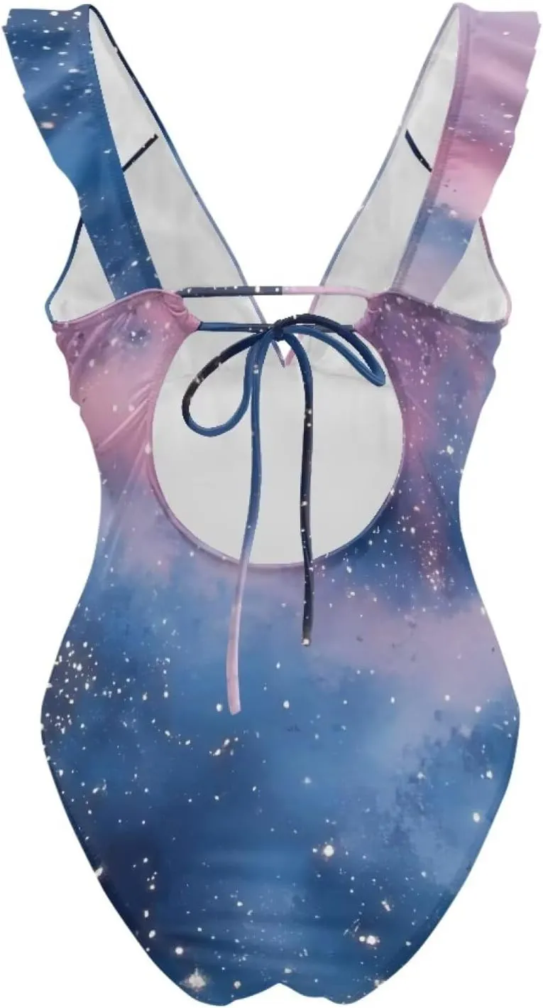Howilath Starry Sky Print One Piece Swimwear Vintage Bathing Suits Tummy Control Ruched Ruffle Ladies Swimsuits